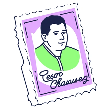 A commemorative postal stamp is displayed prominently. The stamp features the image of "Cesar Chavez," capturing his likeness with distinct facial features and hairstyle. Below his image, the signature "Cesar Chavez" is elegantly presented in cursive, adding a personal touch. The background of the stamp includes subtle design elements that frame the portrait, enhancing the overall presentation while maintaining a focus on the central imagery.