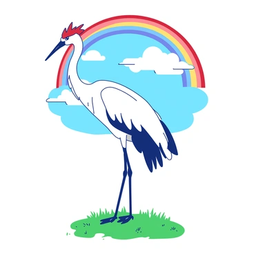 A tall crane stands proudly on one leg, its feathers glistening in the sunlight after a rain shower. The crane has a long neck and a striking red crown on its head. Above the crane, a vibrant rainbow arches gracefully across a blue sky, with fluffy white clouds scattered throughout. The ground beneath the crane is covered in fresh green grass, with small droplets of water sparkling like jewels on the blades. The scene conveys a sense of calm and beauty, showcasing the crane against the backdrop of the colorful rainbow.