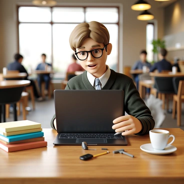A student with light brown hair and glasses sits at a wooden cafe table. The student is focused on a laptop, which is open and displaying a disassembled interior. Tools such as a screwdriver and a small brush are scattered around. Next to the laptop, there are several books with colorful covers stacked neatly, and a steaming cup of coffee sits on the side, releasing wisps of vapor into the air. The background shows a cozy cafe atmosphere with soft lighting and other patrons in the distance.