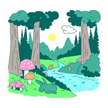 A white page from a children's storybook depicts a whimsical forest scene. Towering trees with teal leaves stretch towards the sky, their trunks wide and gnarled. In the foreground, a variety of colorful mushrooms in shades of orange and pink sprout from the vibrant green grass. A small teal rabbit with large ears hops playfully among the mushrooms. Nearby, a cheerful yellow sun peeks through the foliage, casting dappled light across the forest floor. In the background, a sparkling blue stream winds through the trees, with little fish visible swimming beneath the surface. A few fluffy clouds float lazily in the sky, adding to the enchanting atmosphere of the scene.