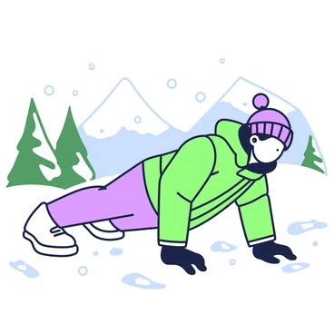 A person is performing knee push-ups in a snowy environment. They are wearing a thick winter jacket, insulated gloves, and a knitted hat. Snowflakes are gently falling around them. The ground is covered in a thick layer of snow, with footprints visible leading up to the person. In the background, there are snow-covered trees and a few distant mountains partially obscured by clouds. The person is focused on their exercise, with a determined expression on their face.