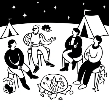 A group of generals gathered around a campfire, seated on logs and rugged chairs. One general, clad in armor, is leaning forward, gesturing emphatically while pointing towards a detailed map spread out on the ground. Another general, wearing a distinguished cloak, is observing intently, with crossed arms. The campfire casts flickering shadows around them, and a few weapons are leaning against a nearby tree. In the background, tents are pitched under a starlit sky, and the glow of the fire illuminates the faces of the generals as they engage in serious discussion.