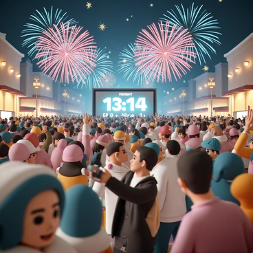 A bustling city square filled with a diverse crowd of people celebrating the New Year. Groups of men and women of various ages are gathered together, some wearing festive hats and scarves. In the center of the square, a large digital display shows the countdown to midnight. The sky above is lit up with vibrant fireworks in colors of red, blue, and gold, bursting in various shapes. Some people are raising their arms in excitement, while others are taking photos with their smartphones. The foreground features a couple sharing a kiss as the countdown reaches its final seconds, surrounded by joyful faces.