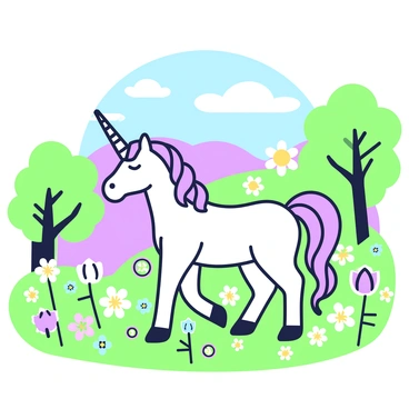 A mythical creature resembling a unicorn is strolling through a meadow filled with vibrant wildflowers. The unicorn has a long, spiraled horn and a flowing mane that cascades over its neck. Surrounding the unicorn, the meadow features an array of flowers with various shapes and sizes, swaying gently in the breeze. In the background, there are softly rolling hills and a clear blue sky with a few scattered clouds. The sunlight filters through the trees that border the meadow, casting dappled shadows on the ground where the unicorn walks.