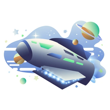 A sleek, metallic spaceship with angular designs is floating in the vastness of space. The spaceship features illuminated blue and green details along its edges, giving it a high-tech appearance. Surrounding the spaceship are distant stars twinkling in a dark backdrop, while several planets in varying shades of blue, green, and brown can be seen nearby. One planet has a ring system that reflects light, adding to the scene's depth. The overall composition conveys a sense of exploration and adventure amidst the cosmic expanse.