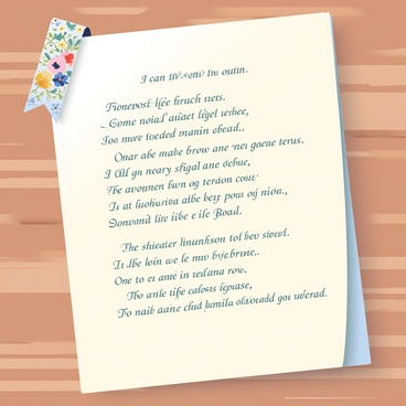 A page from a poetry book is laid flat on a wooden surface. The background is a soft gradient from light beige at the top to a deeper cream at the bottom. The verses of poetry are elegantly italicized in a dark, flowing script that adds a touch of sophistication to the text. Each line of verse is separated by delicate decorative flourishes, and the edges of the page are slightly curled, indicating the book's age. A small, ornate bookmark peeks out from the top, featuring intricate floral designs in muted colors.