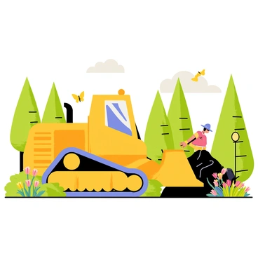 A bright yellow bulldozer is positioned in the foreground, with its blade raised as it shifts piles of soil. In the background, lush greenery of the botanical garden is visible, featuring various colorful flowers and tall trees. Gardeners in wide-brimmed hats can be seen working among the vibrant plants, while a few butterflies flutter around. The sky is clear with a few fluffy white clouds, indicating a pleasant day for renovation work.