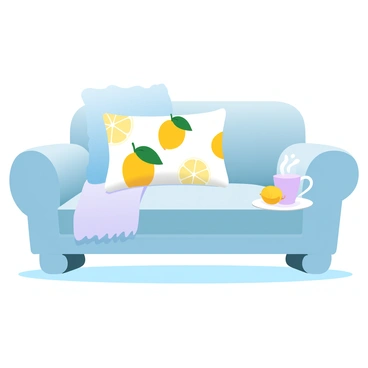 A cozy pillow with a vibrant lemon print pattern is placed on a soft fabric sofa. The pillow features bright yellow lemons against a subtle white background, adding a cheerful touch. The sofa is upholstered in a light pastel color, creating a warm and inviting atmosphere. There is a textured throw blanket draped casually over one arm of the sofa, complementing the pillow’s colors. A small side table beside the sofa holds a steaming cup of tea and a fresh lemon, enhancing the cozy setting.
