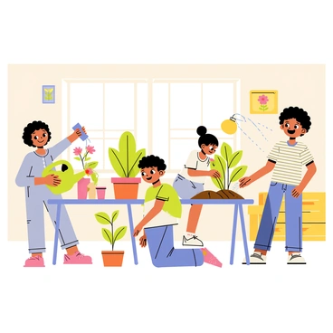 A bright classroom filled with sunlit windows and colorful decorations. Several children are joyfully watering various plants placed on tables. One child with curly hair is holding a green watering can and carefully pouring water onto a small potted flower. Another child, wearing a striped shirt, is kneeling next to a taller plant, excitedly observing the soil. A third child is standing, smiling widely as they sprinkle water from a spray bottle onto the leaves of a leafy green plant. The walls are adorned with educational posters about plants and gardening.