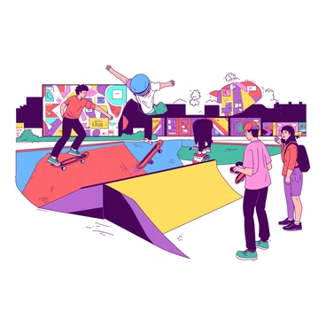 A group of teenagers is skating at a vibrant skatepark, showcasing their skills while performing tricks. The first teenager, wearing a bright blue helmet, executes a kickflip off a colorful half-pipe. Nearby, another skater in a red shirt is grinding along the edge of a bright yellow rail. A third teenager with teal sneakers attempts a jump over a small ramp, while a fourth, in an orange cap, waits on the side with a skateboard in hand, cheering for their friends. The background is filled with lively graffiti art, enhancing the energetic mood of the scene.