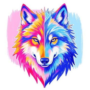 A wolf head is depicted with one side engulfed in "flames," creating a bright, fiery texture. The flames exhibit vibrant oranges and reds, flickering around the wolf's features. The other side of the wolf's head is covered in "ice," featuring a crystalline structure that reflects light. The ice is a cool blue and white, showcasing intricate frost patterns. The contrasting elements of fire and ice create a dramatic effect on the wolf's face, highlighting its fierce expression.