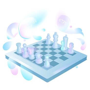 A glass chess board is set on a sleek, metallic surface, illuminated by ambient lighting. Holographic chess pieces are hovering above the board, displaying intricate designs and vibrant colors. Each piece emits a soft glow, casting colorful reflections on the glass surface. The game is in progress, with some pieces strategically positioned and others appearing as if they are in motion above the board. Futuristic elements, like a digital timer and a high-tech display showing the game's status, are incorporated around the chess board. The overall atmosphere suggests an advanced technological setting.