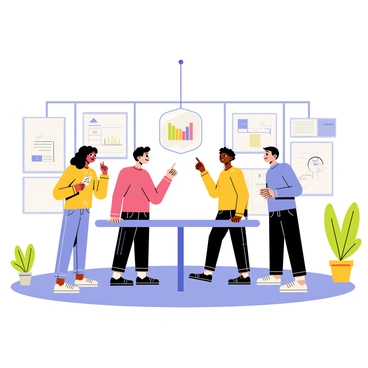 A group of diverse people brainstorming ideas with a holographic AI assistant in a modern workshop.