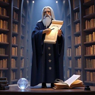 A wizard with long, flowing white hair and a dark blue robe adorned with silver stars stands in a vast magical library filled with towering wooden shelves and countless ancient tomes. The library is illuminated by floating orbs of light that cast a soft glow across the room. In the wizard's hands, he holds a glowing contract scroll that emits a faint, ethereal light. He uses a quill made from a raven's feather to sign his name on the scroll, with a look of intense concentration on his face. Surrounding him are various mystical artifacts, including a crystal orb and an open book filled with arcane symbols, enhancing the enchanting atmosphere of the scene.