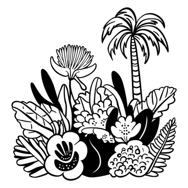 A detailed arrangement of "protea flowers" surrounded by "tropical ferns" and "palms." The scene depicts a lush environment with various sizes of the protea flowers, showcasing their unique shapes and textures. The ferns exhibit intricate leaf patterns, adding depth to the composition. The palms provide a towering presence in the background, their fronds extending outward. The lighting suggests a bright, sunny ambiance that enhances the details of the plants.