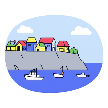 A coastal village with small, colorful houses perched along a rugged cliff. The houses feature various bright colors such as red, blue, yellow, and green, and have simple rectangular shapes with flat roofs. Below the cliff, there is a calm harbor filled with several boats, including some small fishing boats and a sailboat. The water in the harbor is a clear blue, reflecting the colors of the houses above. The sky is clear with a few fluffy clouds.