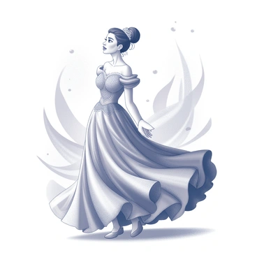 A young woman stands in a dynamic pose, her expression one of surprise and delight. She is dressed in an elaborate ball gown that cascades elegantly to the floor, filled with intricate details. The gown features a fitted bodice and flowing skirt that creates a sense of movement. Her hair is styled in an elegant updo adorned with a delicate tiara. The background features an array of fantastical elements, such as swirling patterns and soft, flowing shapes that enhance the magical atmosphere of the scene. The woman holds her hands delicately at her sides, as if she is reveling in her unexpected transformation.