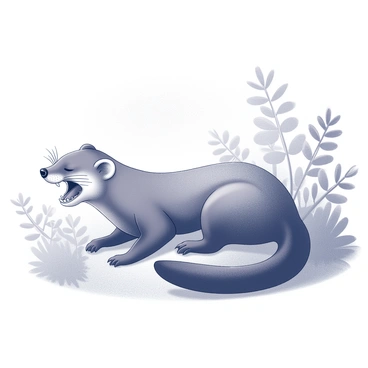 A pine marten is positioned in a natural setting, its body elongated as it stretches outward. The animal has its mouth open in a yawn, showcasing its sharp teeth and relaxed posture. Soft rays of early morning light filter through the surrounding trees, creating gentle shadows that enhance the marten's features. The scene captures the texture of the marten's fur, which appears slightly ruffled from sleep. In the background, an assortment of foliage and branches adds depth to the environment, emphasizing the tranquility of the early morning.