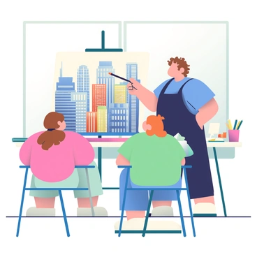 An illustration tutor with short, curly brown hair is standing beside a large easel displaying a cityscape illustration. The cityscape features tall buildings with various architectural styles, including modern glass skyscrapers and classic brick structures. The tutor is wearing a blue shirt and black painter's apron, pointing to specific vanishing points on the illustration using a wooden stick. In front of the easel, several students are seated on high stools, attentively observing the demonstration. The background includes a large window allowing natural light to illuminate the classroom, and art supplies are scattered on a nearby table, including colored pencils and sketchbooks.