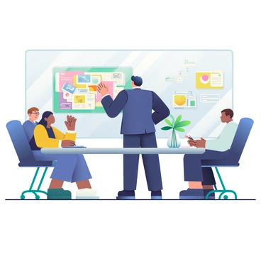 An agent with dark hair and wearing a navy blue suit stands confidently at the front of a modern boardroom. The agent is gesturing towards a large screen displaying a colorful illustration with various design elements. On the table in front of the agent, there are several printed handouts showcasing concepts and sketches. Seated around the table are four investors of diverse backgrounds, all intently listening and taking notes. The boardroom has large windows letting in natural light, and there is a whiteboard filled with brainstorming notes in the background. A sleek glass vase with a single green plant is placed in the center of the table.