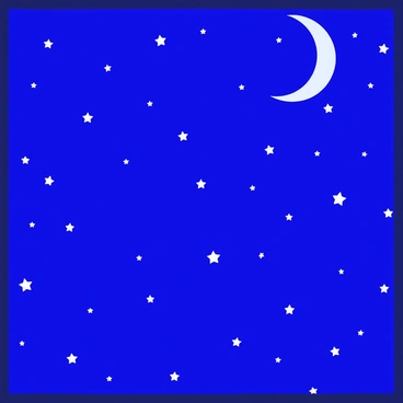 A starry night sky filled with constellations and a crescent moon, illustrated in fine lines.