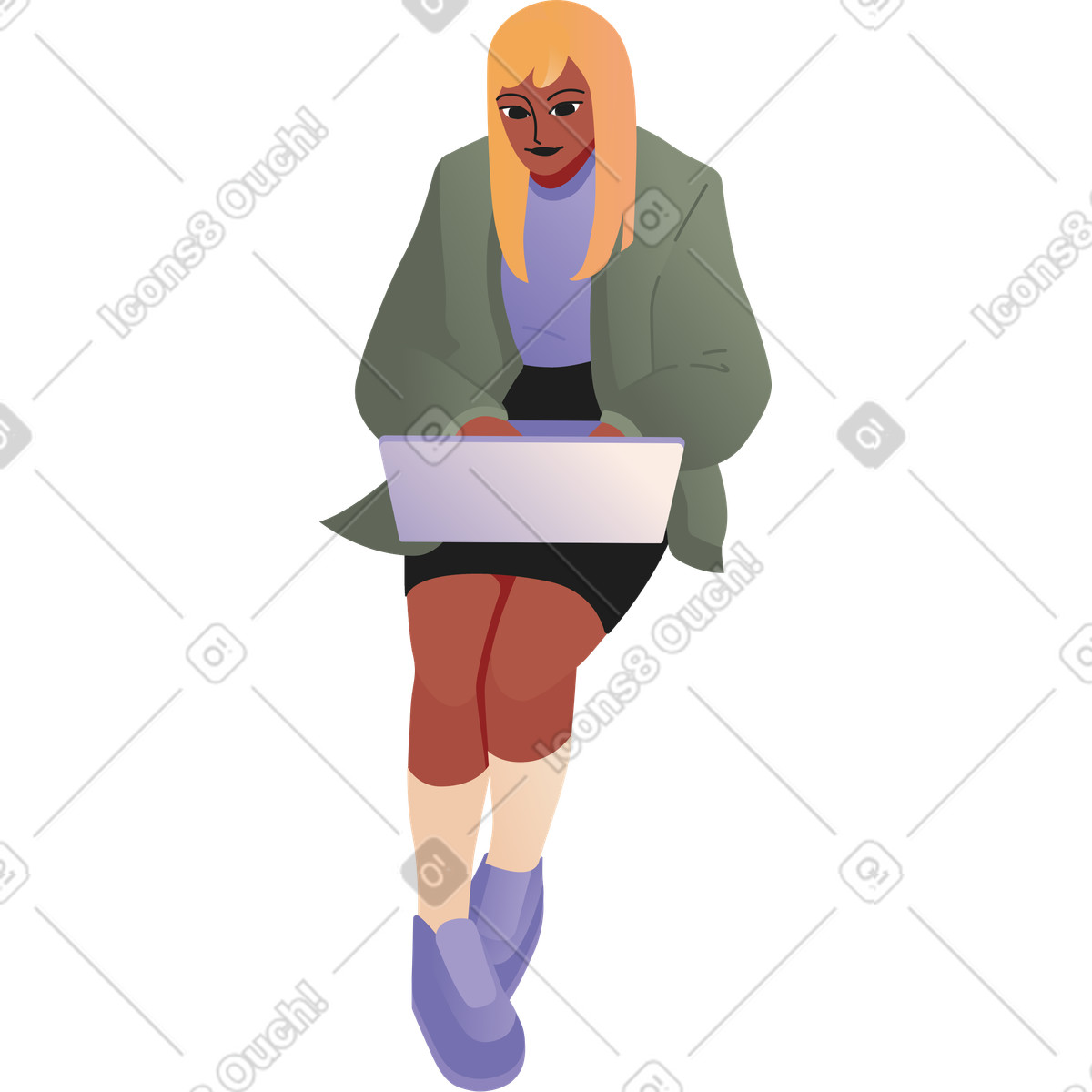 Ilustración Mujer joven sentada con laptop en estilo Coworking a descargar en PNG y SVG