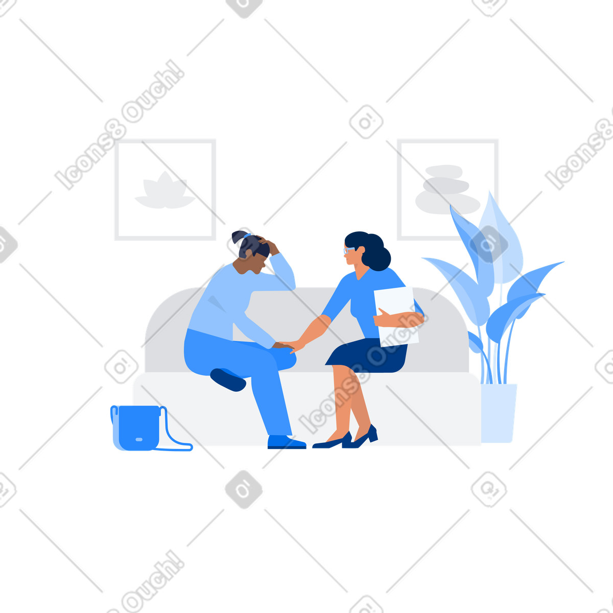 下载 Urban 风格的 Patient and therapist meeting, Seeking guidance for mental health issues 插画，支持 PNG、SVG 格式
