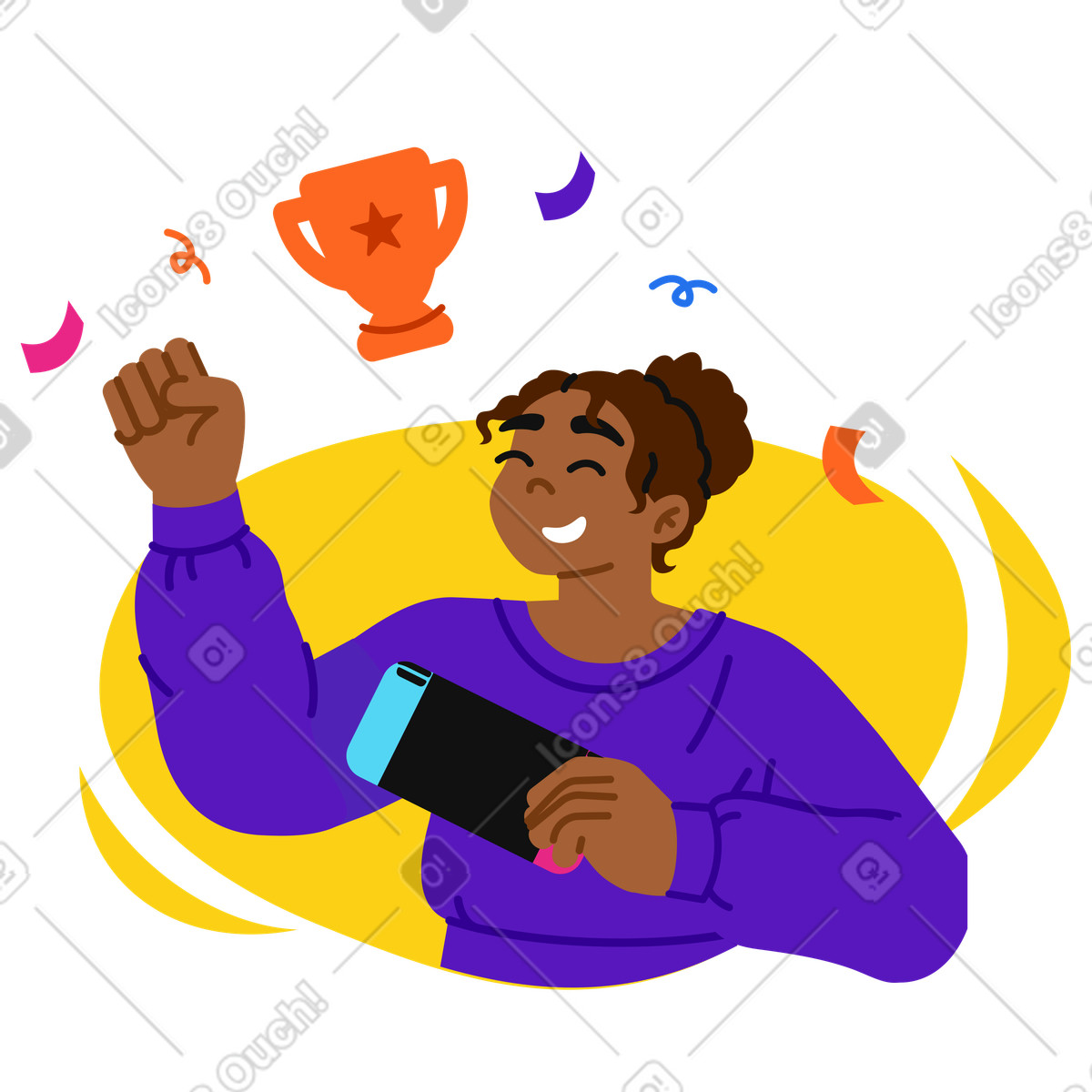 Illustration La jeune femme est heureuse de gagner le jeu dans style Active à télécharger aux formats PNG, SVG