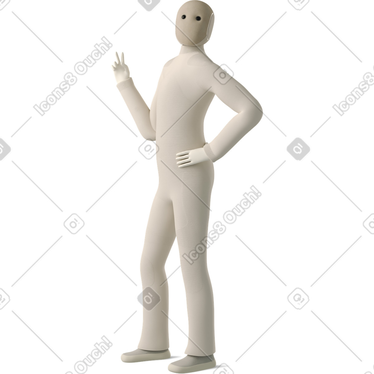 下载 3D Business 风格的 Robot humanoid standing confidently making peace hand gesture upward 插画，支持 PNG、SVG 格式