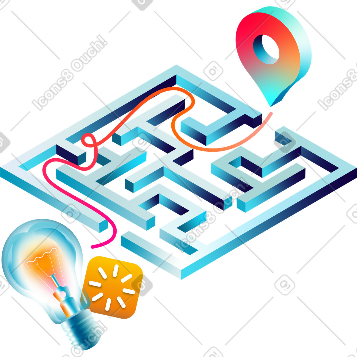 Way out of a critical situation, search for ideas, solution in the maze illustration Glare style download PNG, SVG