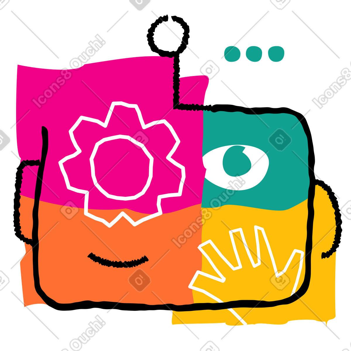 Abstract robot head with cog wheel icon, Settings or support service concept animated illustration in Puzzle style download in GIF, Lottie (JSON), AE
