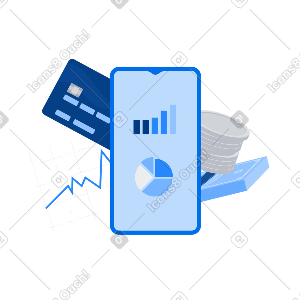 Credit card, money and smartphone with financial analysis illustration in Urban style download in PNG, SVG