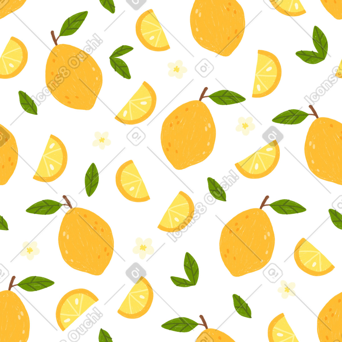 Seamless lemon pattern with slices, leaves and flowers-Illustration im Cozy-Stil als Download in PNG, SVG
