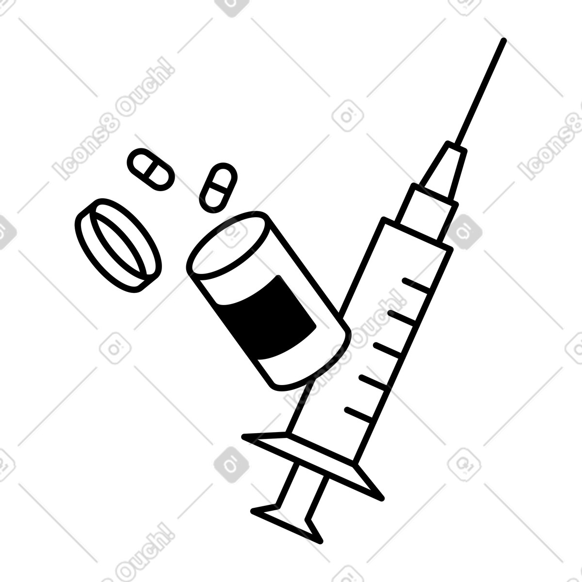 Ilustração de Healthcare vaccination equipment including syringe vial and prescription capsules em no estilo Notion Line Art para baixar em PNG, SVG