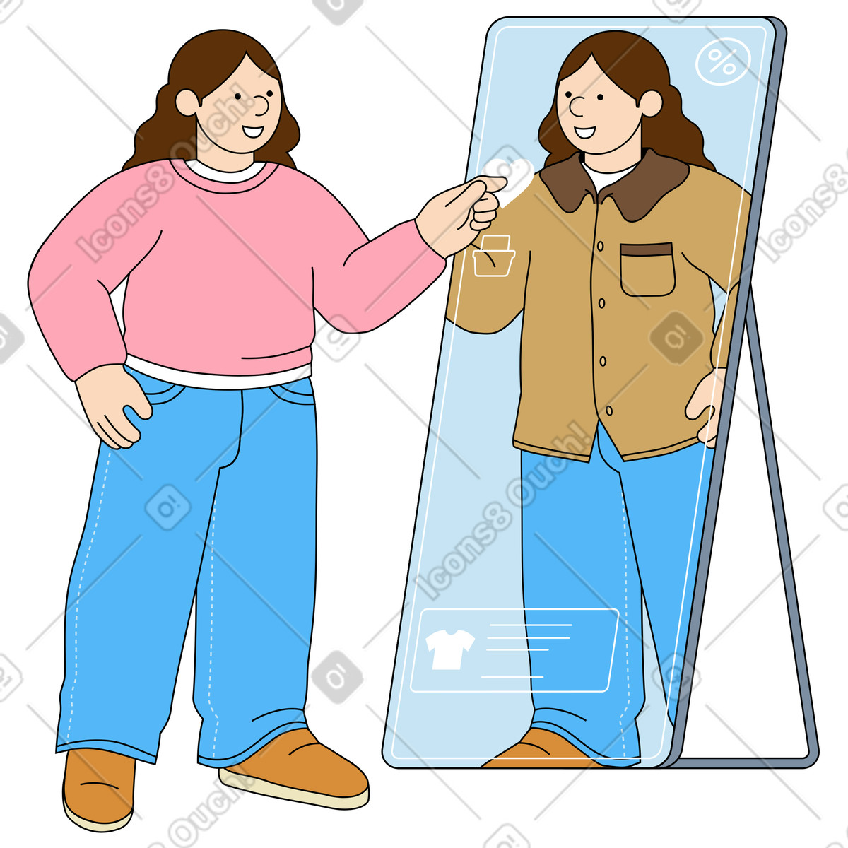 Ilustração de Mulher experimentando roupas em espelho realidade aumentada no estilo Kindy para baixar PNG, SVG