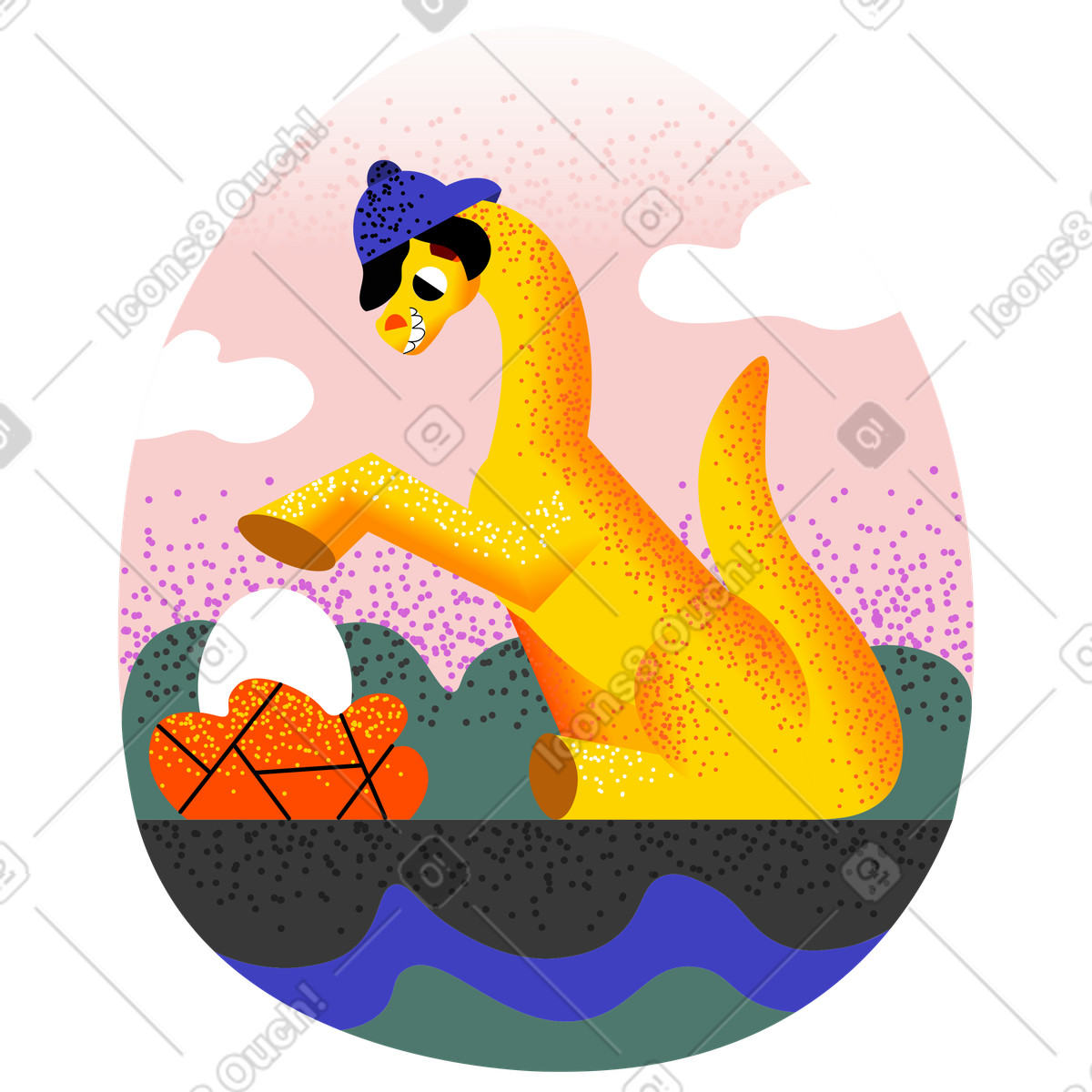 Illustration Le dinosaure attend que son bébé sorte d'un œuf dans style Fauna à télécharger aux formats PNG, SVG