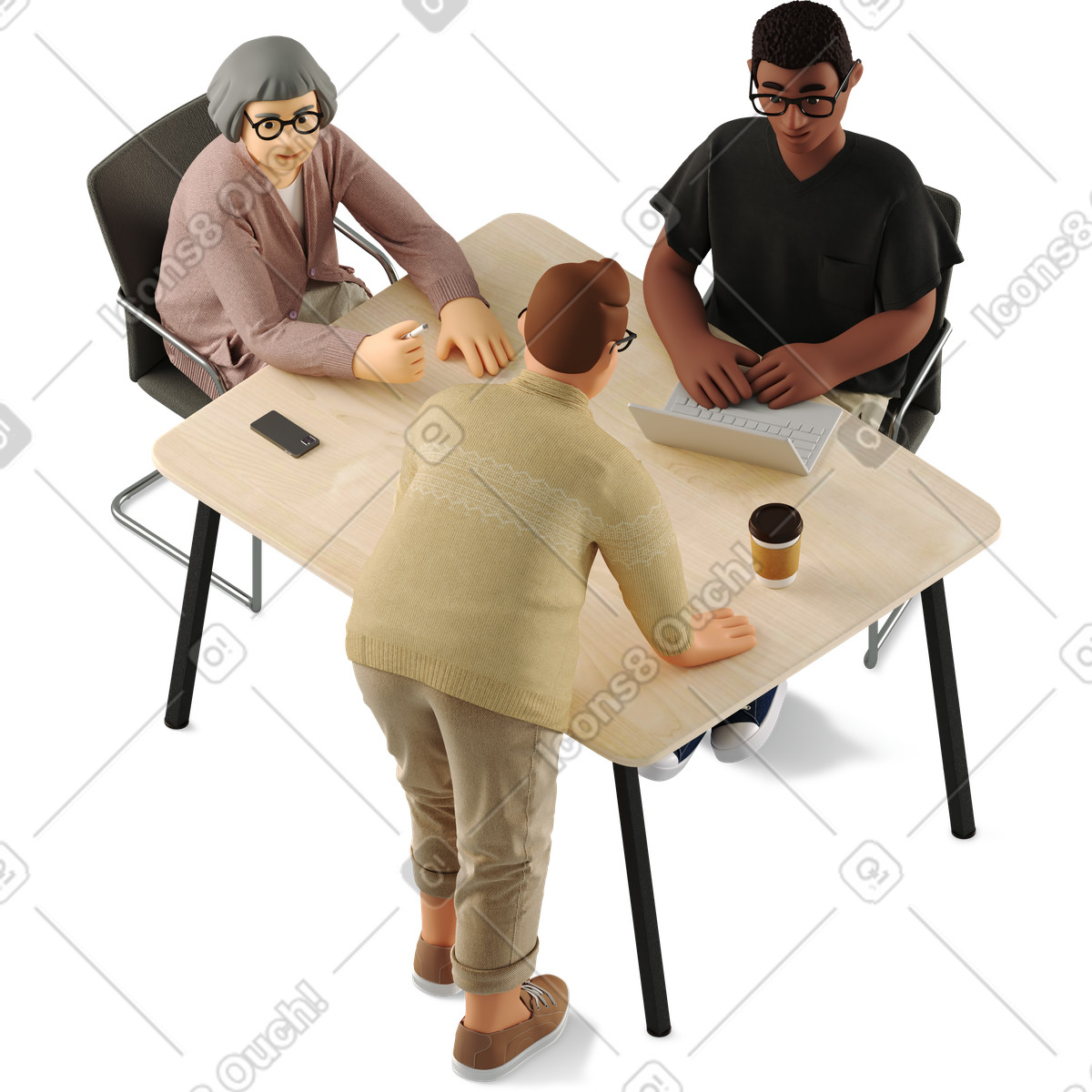 Team of three people sharing ideas around table business discussion clipart illustration