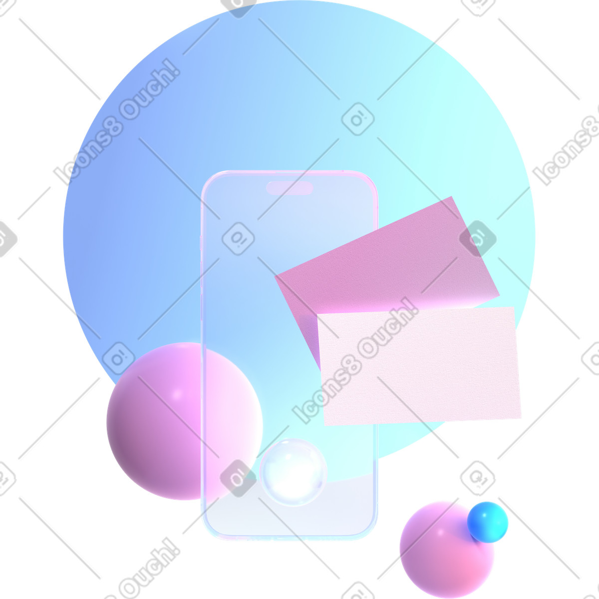 Modern mobile phone mockup with spheres illustration in 3D Glassy style download in PNG, SVG