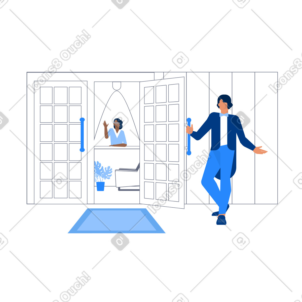 Butler and hostess welcoming into hotel illustration cartoon clipart vector graphics SVG