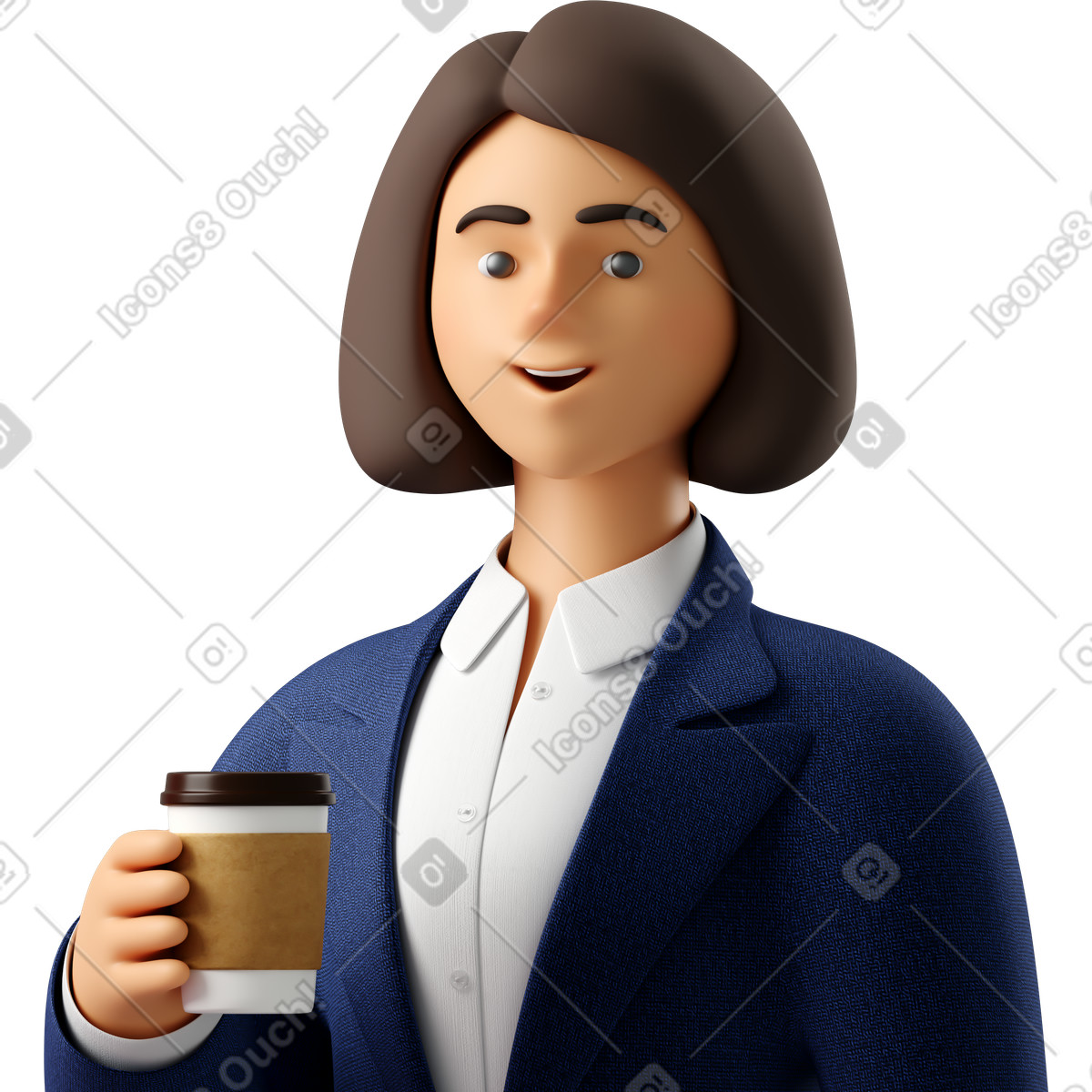 3D Business 스타일의 Close up of businesswoman in blue suit with paper coffee cup 일러스트레이션 PNG, SVG 다운로드