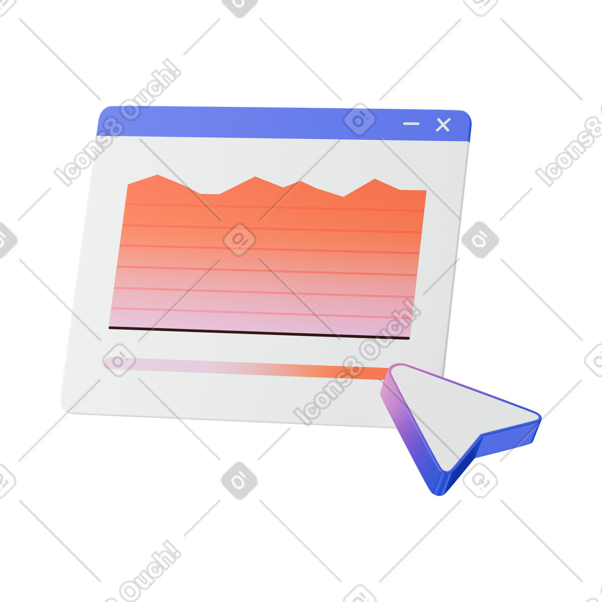 下载 3D Stickle 风格的 Analytics dashboard window with gradient line chart and cursor arrow 插画，支持 PNG、SVG 格式