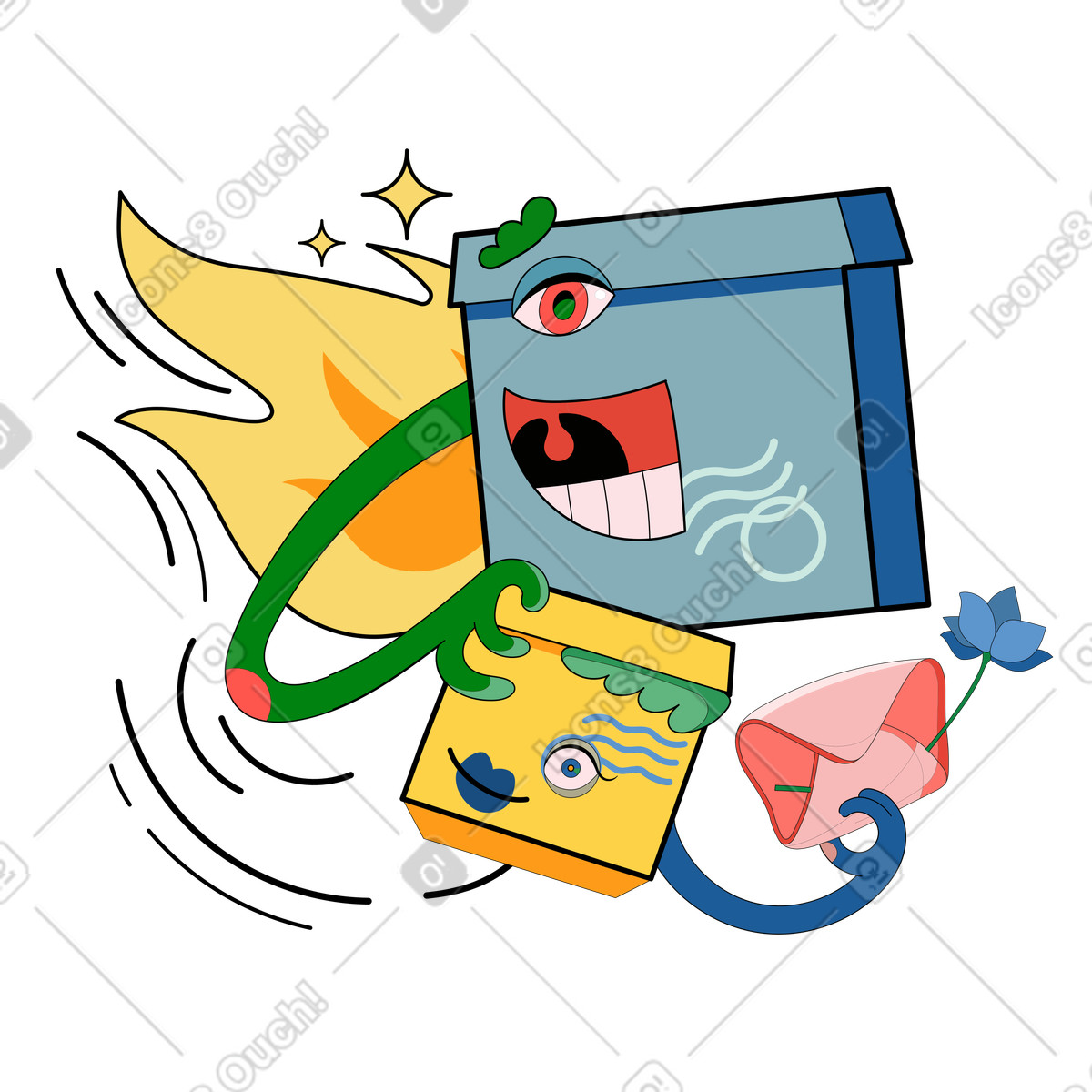 Illustration Livraison express avec colis expédiés par avion au destinataire dans le style Surr à télécharger aux formats PNG, SVG