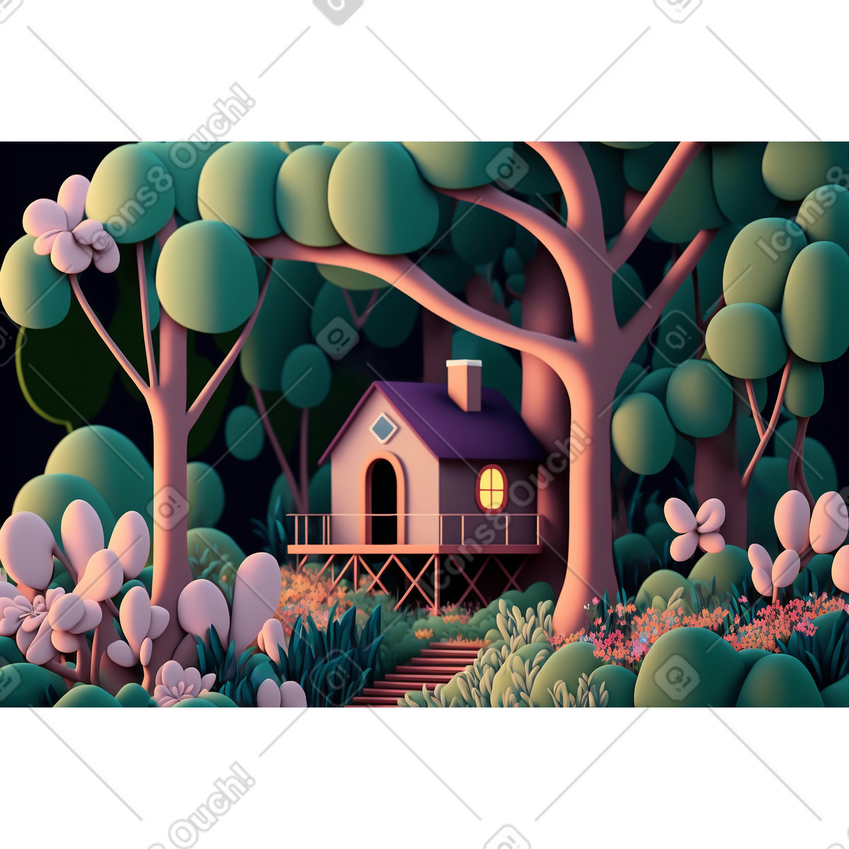 3D cartoon spring forest with tiny house illustration in PNG, SVG