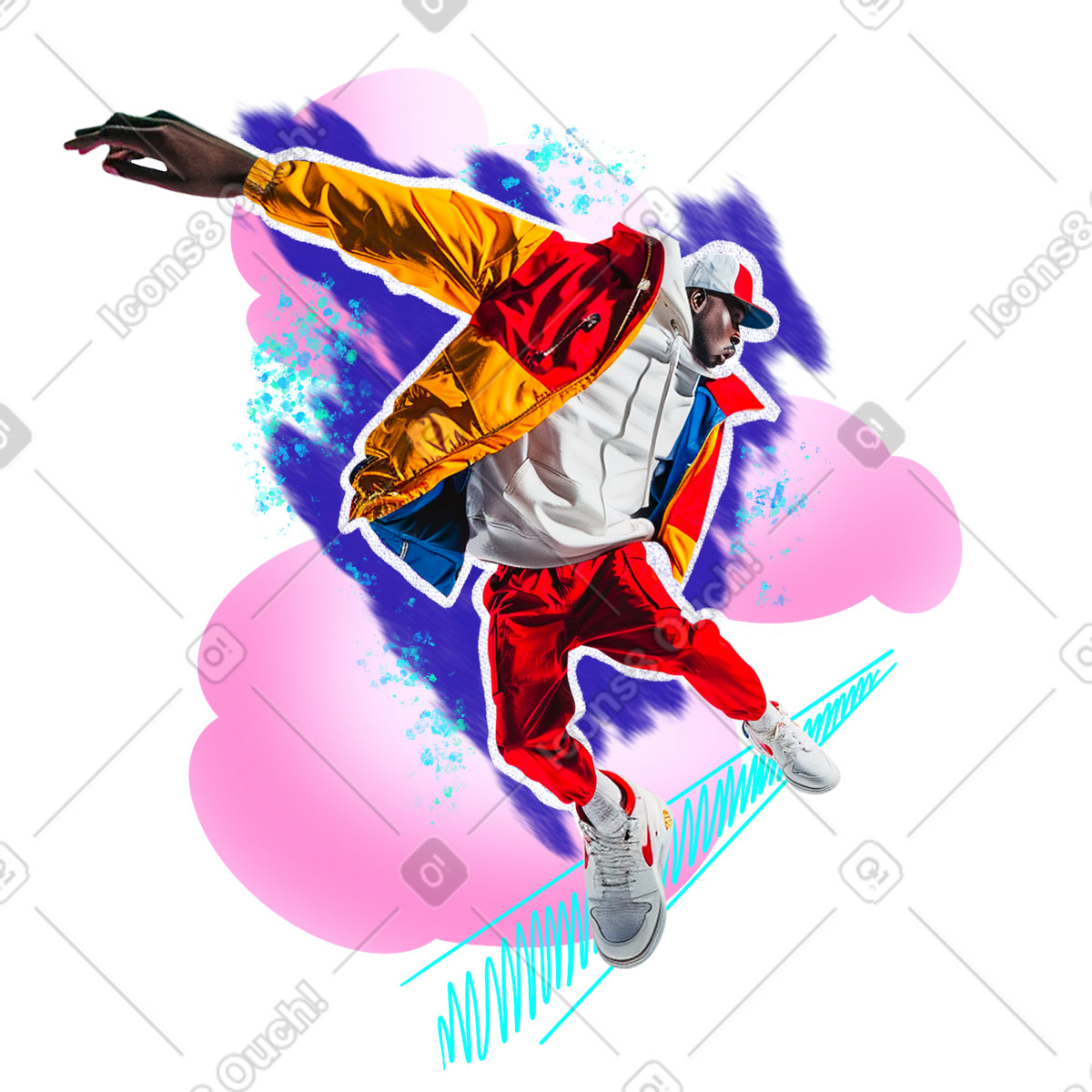 Energy 스타일의 Digital collage of young man in urban colorful streetwear 일러스트레이션 PNG, SVG 다운로드