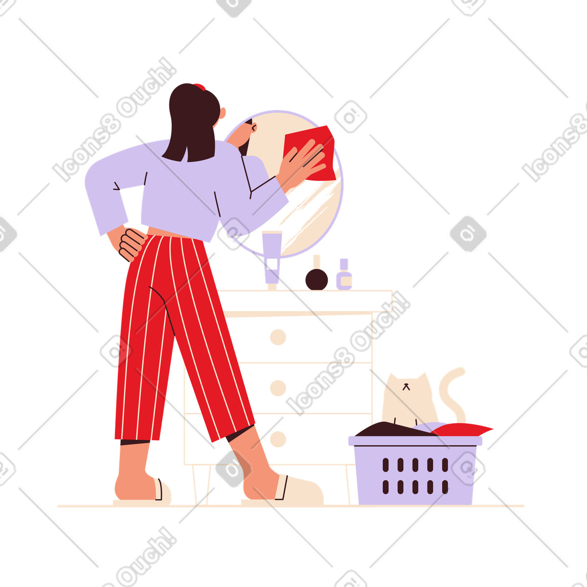 Wiping mirror at vanity table, House cleaning and daily chores illustration in Folks style download in PNG, SVG