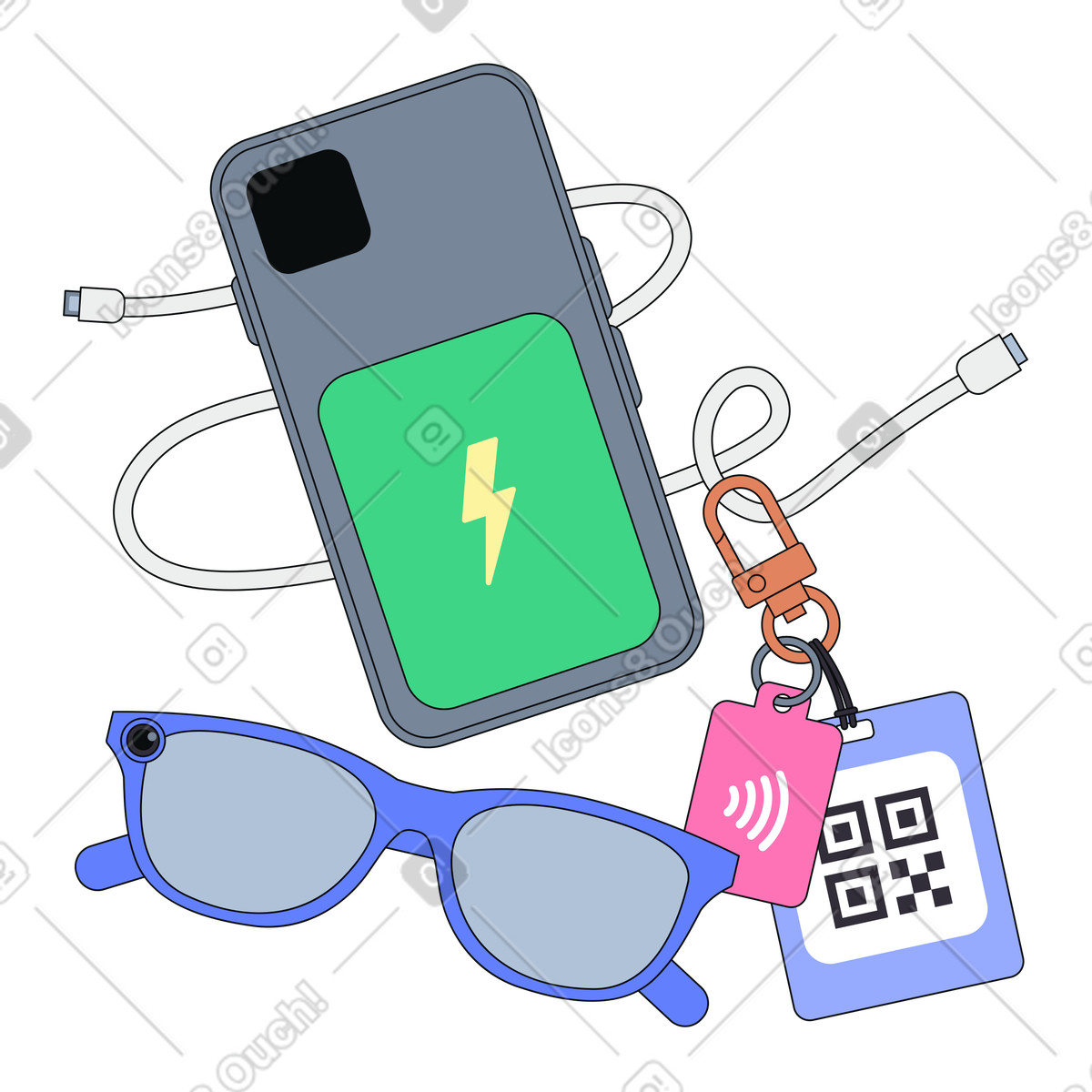 Smart device essentials, portable tech tools, Mobile accessories for digital identity, Smart glasses and digital wallet accessories illustration in Teko style download in PNG, SVG