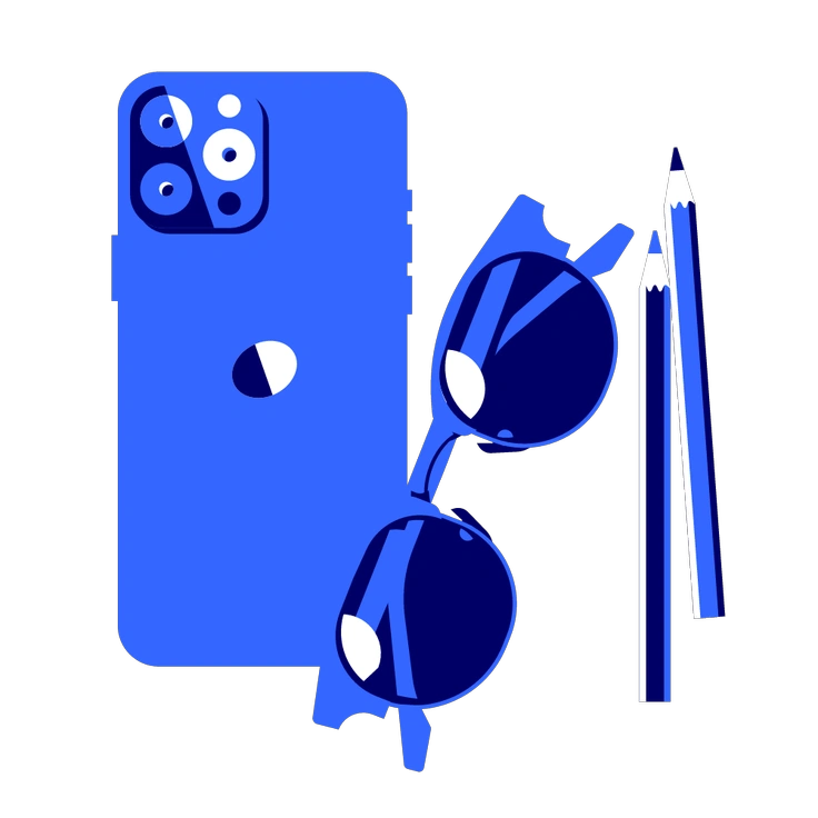 A blue smartphone, sunglasses, and pencils - Lounge style illustration