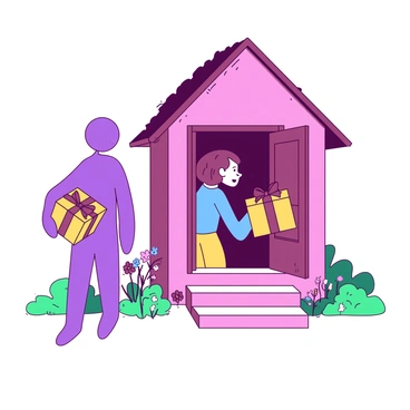 A person with short brown hair wearing a blue shirt is standing in the doorway of a quaint house. The front door is partially open, revealing the person's surprised expression. Outside the door, a tall purple figure is standing, holding a large yellow gift box. The figure has an inviting smile and an outstretched hand, as if ready to present the gift. The surrounding area features green grass and a few colorful flowers blooming next to the front steps.