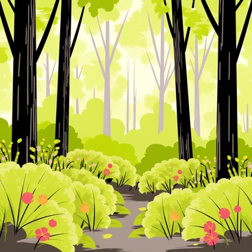 A dense forest filled with tall trees that have thick trunks and wide canopies. Below, vibrant green grevillea shrubs grow abundantly, their unique leaves and colorful flowers adding splashes of red and orange to the landscape. Sunlight filters through the leaves of the tall trees, casting dappled shadows on the forest floor, which is covered with a mix of fallen leaves and small rocks. The atmosphere is alive with the sounds of birds and rustling leaves, creating a lively yet peaceful scene.