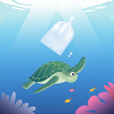 A transparent plastic bag is floating on the surface of a deep blue ocean. The bag is slightly crinkled and illuminated by the sunlight filtering through the water. Below it, a curious sea turtle with a patterned shell and flippers extended is swimming upwards, approaching the bag. The turtle has wide, inquisitive eyes and appears to be mistaking the bag for a jellyfish. Surrounding the scene are small fish and coral formations, adding life to the underwater environment. Bubbles are gently rising around the turtle as it investigates the floating plastic.